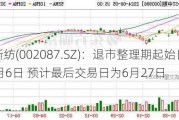 *ST新纺(002087.SZ)：退市整理期起始日为6月6日 预计最后交易日为6月27日