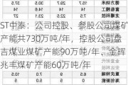 ST中泰：公司控股、参股公司煤矿产能共730万吨/年，控股公司盘吉煤业煤矿产能90万吨/年、金晖兆丰煤矿产能60万吨/年