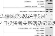 迈瑞医疗:2024年9月14日投资者关系活动记录表