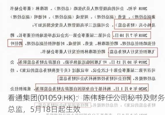 看通集团(01059.HK)：陈伟辞任公司秘书及财务总监，5月18日起生效