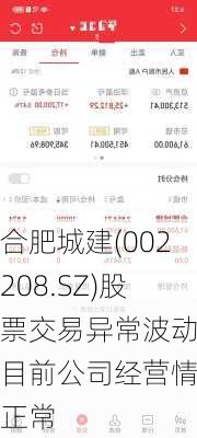 合肥城建(002208.SZ)股票交易异常波动 目前公司经营情况正常