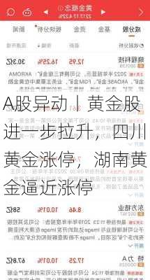 A股异动丨黄金股进一步拉升，四川黄金涨停，湖南黄金逼近涨停