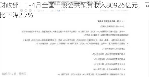 财政部：1-4月全国一般公共预算收入80926亿元，同比下降2.7%