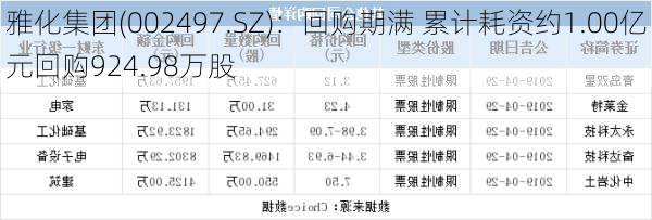 雅化集团(002497.SZ)：回购期满 累计耗资约1.00亿元回购924.98万股