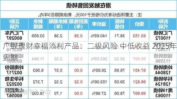 广银理财幸福添利产品：二级风险 中低收益 2025年到期