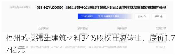 梧州城投锦雄建筑材料34%股权挂牌转让，底价1.77亿元