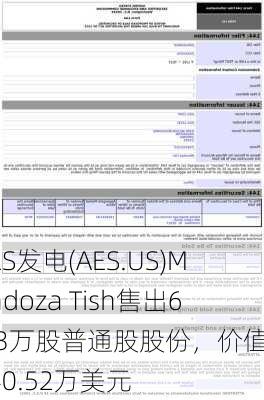 AES发电(AES.US)Mendoza Tish售出6.63万股普通股股份，价值约140.52万美元