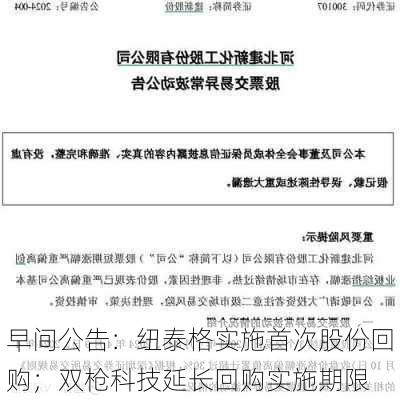 早间公告：纽泰格实施首次股份回购；双枪科技延长回购实施期限