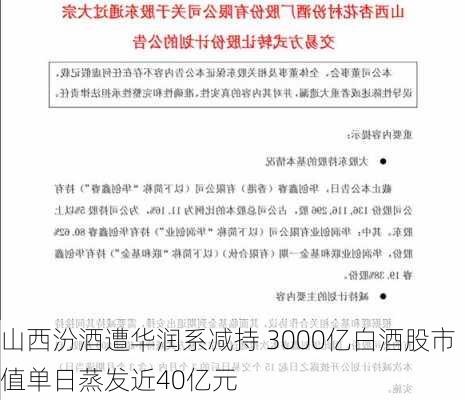 山西汾酒遭华润系减持 3000亿白酒股市值单日蒸发近40亿元