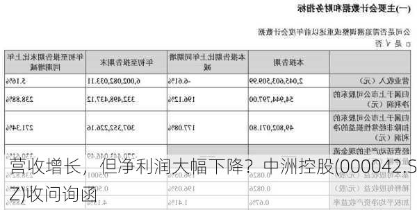 营收增长，但净利润大幅下降？中洲控股(000042.SZ)收问询函