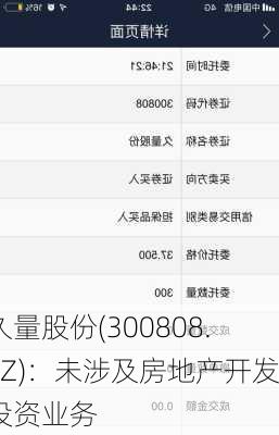 久量股份(300808.SZ)：未涉及房地产开发投资业务