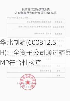 华北制药(600812.SH)：全资子公司通过药品GMP符合性检查