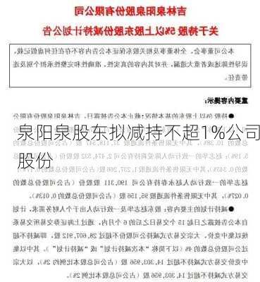 泉阳泉股东拟减持不超1%公司股份