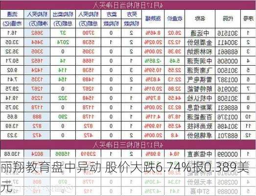 丽翔教育盘中异动 股价大跌6.74%报0.389美元