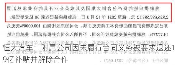 恒大汽车：附属公司因未履行合同义务被要求退还19亿补贴并解除合作