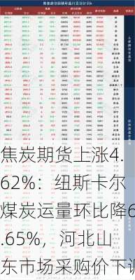 焦炭期货上涨4.62%：纽斯卡尔煤炭运量环比降6.65%，河北山东市场采购价下调