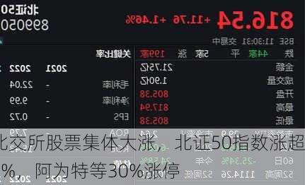 北交所股票集体大涨，北证50指数涨超3%，阿为特等30%涨停