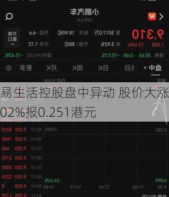 易生活控股盘中异动 股价大涨5.02%报0.251港元