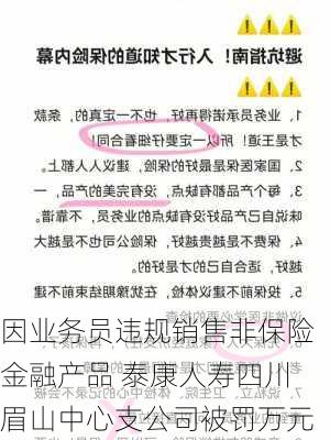 因业务员违规销售非保险金融产品 泰康人寿四川眉山中心支公司被罚万元