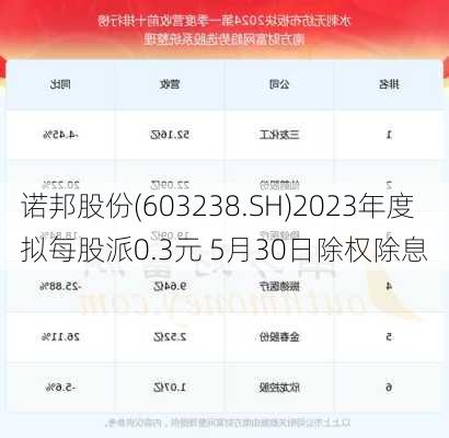 诺邦股份(603238.SH)2023年度拟每股派0.3元 5月30日除权除息