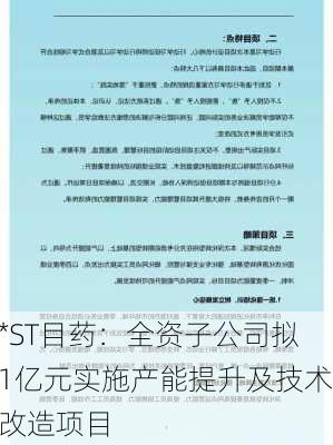 *ST目药：全资子公司拟1亿元实施产能提升及技术改造项目