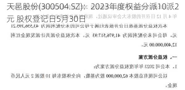 天邑股份(300504.SZ)：2023年度权益分派10派2元 股权登记日5月30日