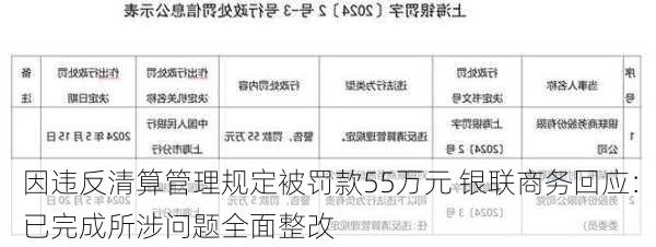 因违反清算管理规定被罚款55万元 银联商务回应：已完成所涉问题全面整改