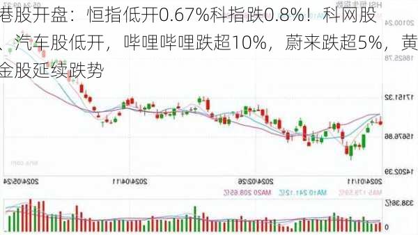 港股开盘：恒指低开0.67%科指跌0.8%！科网股、汽车股低开，哔哩哔哩跌超10%，蔚来跌超5%，黄金股延续跌势