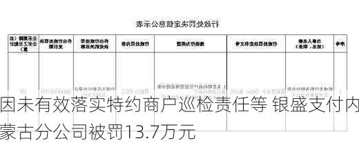 因未有效落实特约商户巡检责任等 银盛支付内蒙古分公司被罚13.7万元