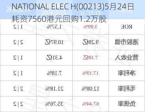 NATIONAL ELEC H(00213)5月24日耗资7560港元回购1.2万股