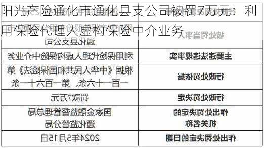 阳光产险通化市通化县支公司被罚7万元：利用保险代理人虚构保险中介业务