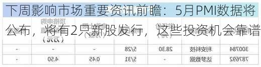 下周影响市场重要资讯前瞻：5月PMI数据将公布，将有2只新股发行，这些投资机会靠谱