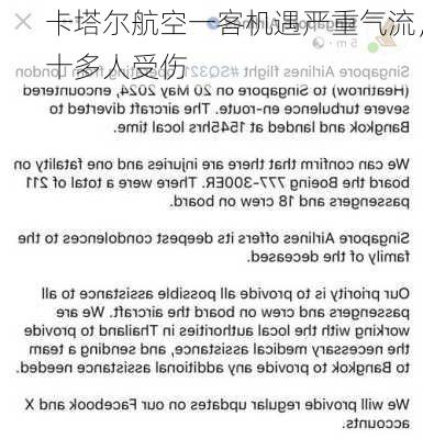 卡塔尔航空一客机遇严重气流，十多人受伤