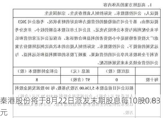 秦港股份将于8月22日派发末期股息每10股0.83元