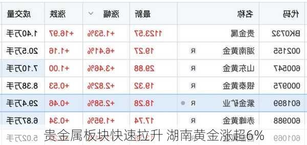 贵金属板块快速拉升 湖南黄金涨超6%