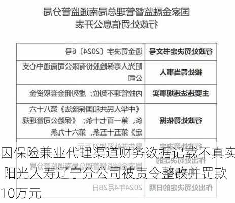 因保险兼业代理渠道财务数据记载不真实 阳光人寿辽宁分公司被责令整改并罚款10万元