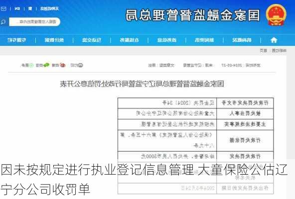 因未按规定进行执业登记信息管理 大童保险公估辽宁分公司收罚单