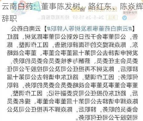 云南白药：董事陈发树、路红东、陈焱辉辞职