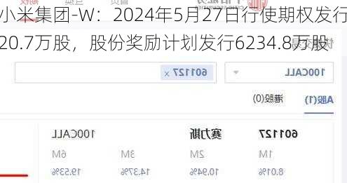 小米集团-W：2024年5月27日行使期权发行20.7万股，股份奖励计划发行6234.8万股