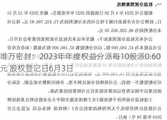 唯万密封：2023年年度权益分派每10股派0.60元 股权登记日6月3日