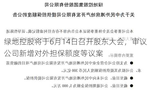 绿地控股将于6月14日召开股东大会，审议公司新增对外担保额度等议案