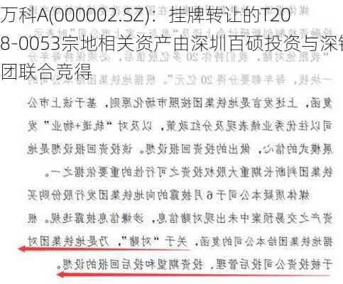 万科A(000002.SZ)：挂牌转让的T208-0053宗地相关资产由深圳百硕投资与深铁集团联合竞得