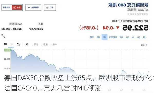 德国DAX30指数收盘上涨65点，欧洲股市表现分化：法国CAC40、意大利富时MIB领涨