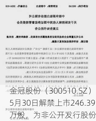 金冠股份（300510.SZ）5月30日解禁上市246.39万股，为非公开发行股份