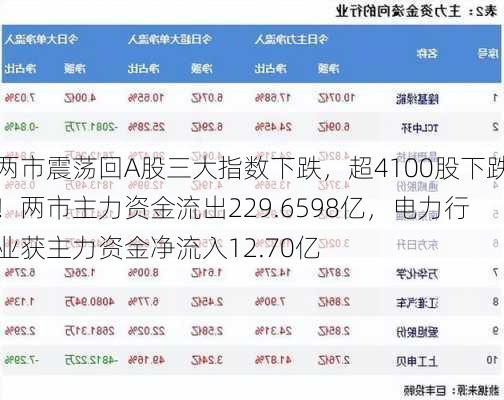 两市震荡回A股三大指数下跌，超4100股下跌！两市主力资金流出229.6598亿，电力行业获主力资金净流入12.70亿