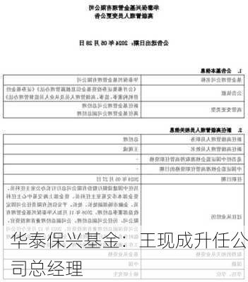 华泰保兴基金：王现成升任公司总经理