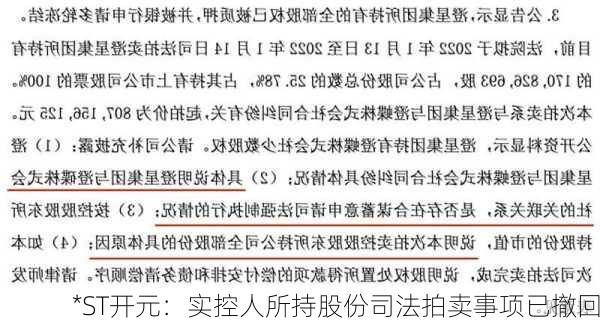 *ST开元：实控人所持股份司法拍卖事项已撤回