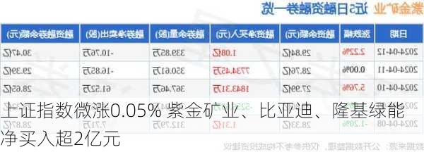 上证指数微涨0.05% 紫金矿业、比亚迪、隆基绿能净买入超2亿元