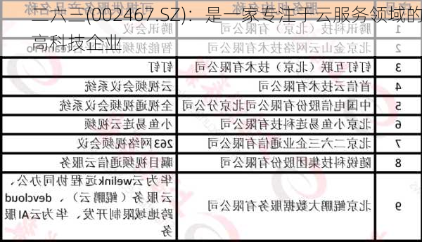 二六三(002467.SZ)：是一家专注于云服务领域的高科技企业