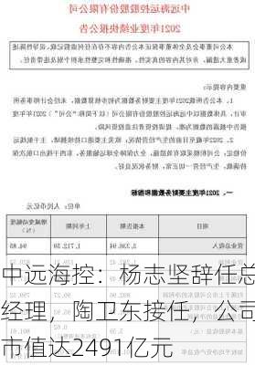 中远海控：杨志坚辞任总经理，陶卫东接任，公司市值达2491亿元